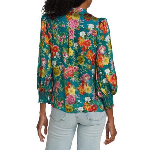 Alice + Olivia Sheila Floral Print Silk Blouse Top Summer Bliss Blue Size XS NWT - Picture 3 of 10